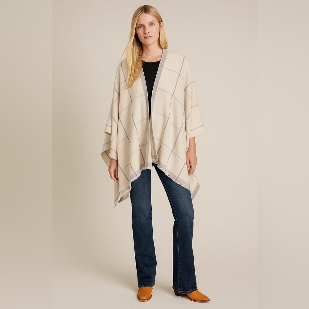 J. Crew Plaid Cape Heritage Cabincore Western Poncho Shawl Ivory Gray Lavender